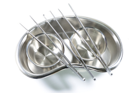 Surgical stainless steel cup and  forceps put in Kidney tray,medical equipmentの写真素材