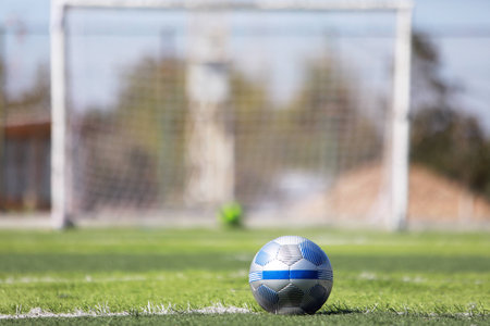 soccer on grass and stadium.Goalposts,Crossbar,Free kick.の写真素材