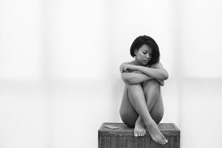 Black and white portrait of sexy beautiful, Sad lonely adult girl day.の写真素材