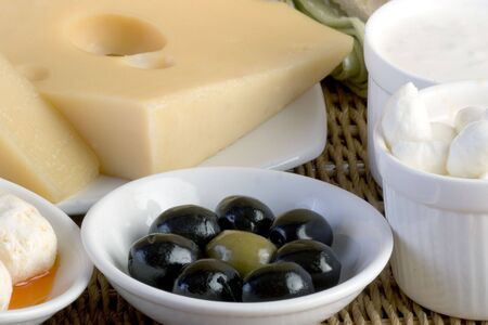 Breakfast with cheese, olive, tomatoの写真素材