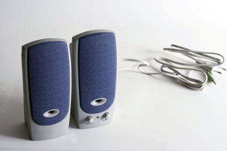 Two generic computer speakers on whiteの写真素材