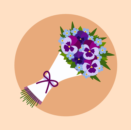 Bouquet of flowers. Design for wedding, valentines, birthday. Pansy flower and forget-me-not.のイラスト素材