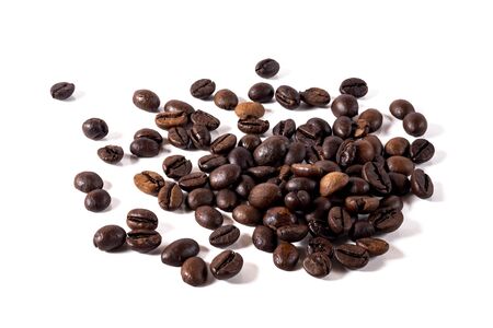 Heap of fresh roasted coffee beans isolated on white background as package design elementsの写真素材