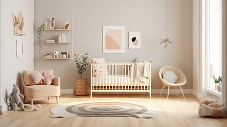Modern minimalist nursery room in scandinavian style. Baby room interior in light coloursの素材