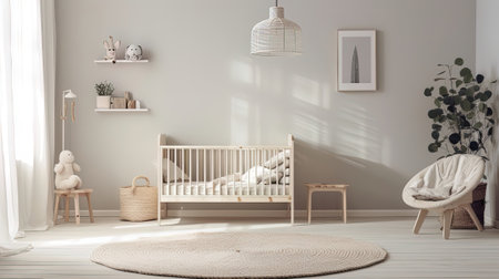 Modern minimalist nursery room in scandinavian style. Baby room interior in light coloursの素材
