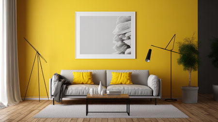 Photo of a living room, t he colour of the walls is banana yellow. in the middle is a blank white poster hanging for mockup with no image on itの素材