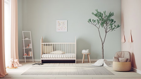 Modern minimalist nursery room in scandinavian style. Baby room interior in light coloursの素材