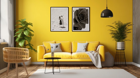 Photo of a living room, t he colour of the walls is banana yellow. in the middle is a blank white poster hanging for mockup with no image on itの素材