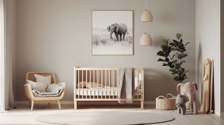 Modern minimalist nursery room in scandinavian style. Baby room interior in light coloursの素材