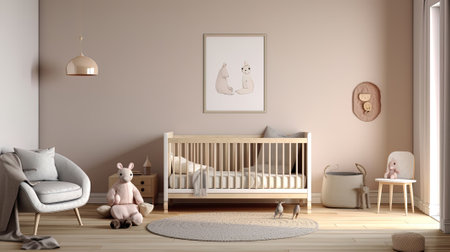 Modern minimalist nursery room in scandinavian style. Baby room interior in light coloursの素材