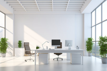 Bright and airy white office space with a mock-up wall. Generative Aiの素材