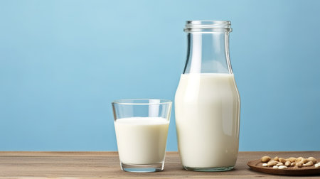 Milk in a bottle and glass on a wooden table against a blue backgroundの素材