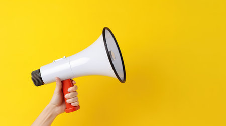 Megaphone in hand on a yellow background. Place for text.の素材
