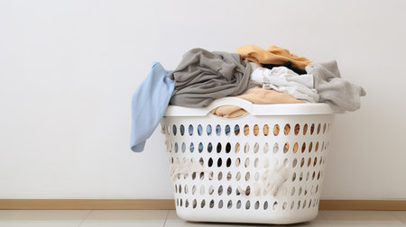 Laundry Basket with Clothes in the White Room.の素材