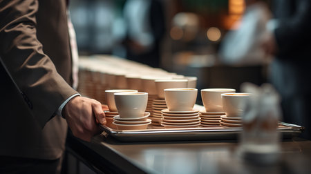 Close-up of a barista holding a tray with coffee cupsの素材