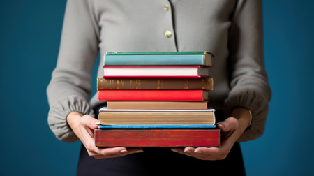 Woman holding a stack of books on blue background. Education concept.の素材