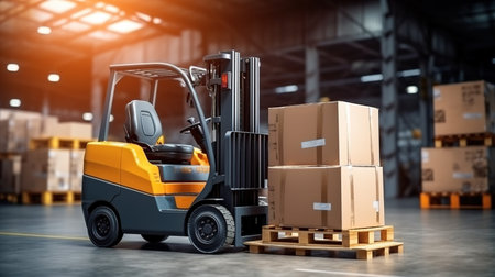 Forklift with cardboard boxes in warehouse. Logistics and transportation conceptの素材