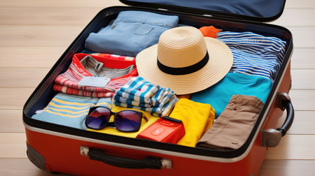 Suitcase full of clothes and accessories on wooden background, closeupの素材