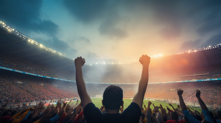 Rear view of a football fan cheering with hands raised at the stadiumの素材