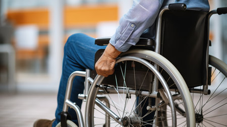 Cropped image of disabled man sitting in wheelchair at the hospital.の素材