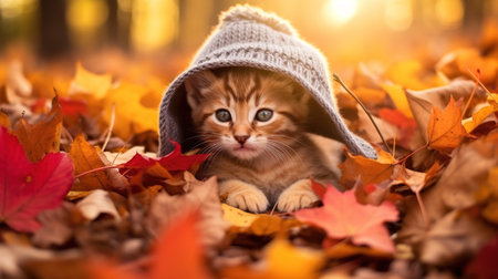 Cute little kitten in a hat on the autumn leaves background.の素材
