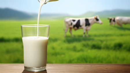 Milk pouring into glass on table against blurred background. Dairy productsの素材