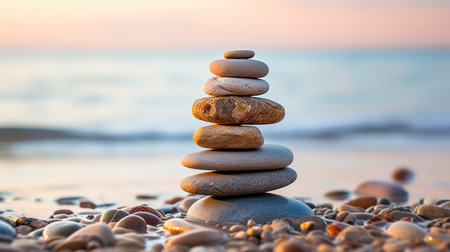 Stacked Pebbles on Sand, Gentle Waves Nearbyの素材