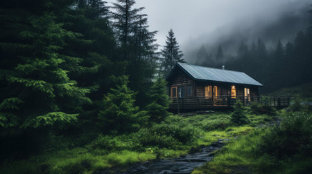 Secluded Cabin in Misty Forestの素材