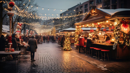Christmas Market Scenery with Lights and Decorationsの素材