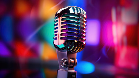 Photo pour Retro Chrome Microphone against a Colorful Bokeh Background - image libre de droit