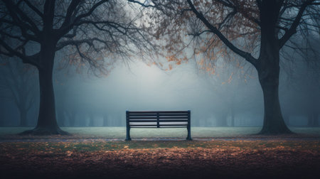 Solitary Bench in Misty Autumn Parkの素材
