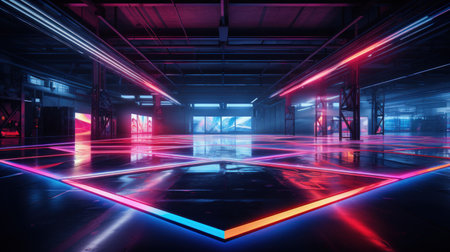 Futuristic Neon-Lit Warehouse Interiorの素材