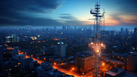 Telecommunications Tower Overlooking Cityscape at Duskの素材