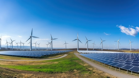 Renewable Energy Landscape with Wind Turbines and Solar Panelsの素材
