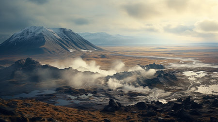 Geothermal Activity in Mountainous Landscape at Dawnの素材