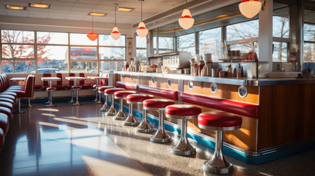 Vintage Diner Interior with Classic Red Seatingの素材