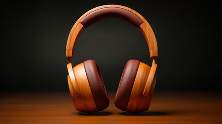 Stylish Wooden Headphones on Dark Backgroundの素材