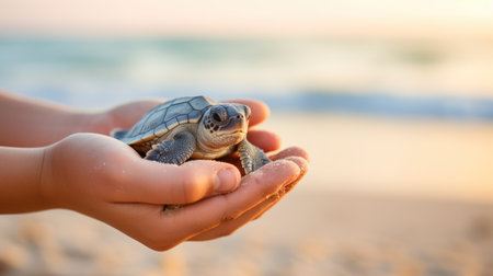 Child Holding a Baby Turtleの素材