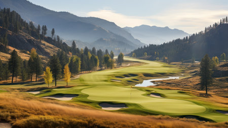 Scenic Golf Course at Sunrise with Mountain Backdropの素材