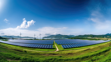 Expansive Solar and Wind Energy Farm in Mountainous Regionの素材