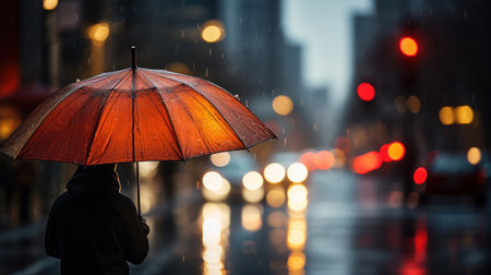 Rainy Evening in City with Person Under Red Umbrellaの素材