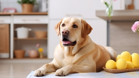 Labrador retriever dog with easter eggs on table at homeの素材