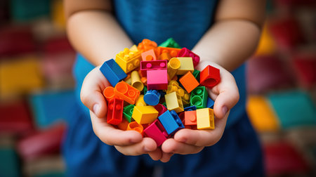Child Holding Colorful Building Blocksの素材