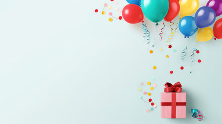 Gift box with colorful balloons and confetti on blue background.の素材