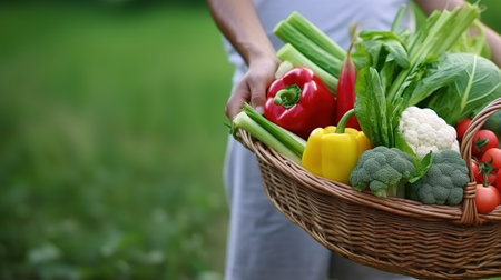 Woman holding a basket with fresh vegetables in the gardenの素材