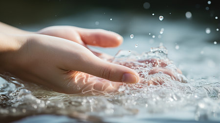 woman's hand splashing water with her fingers.の素材