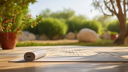 Rolled yoga mat on a wooden terrace in a gardenの素材