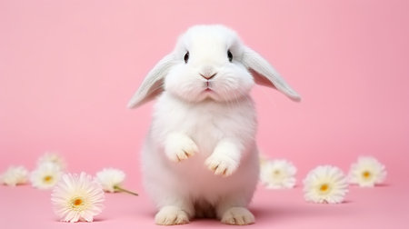 Cute white rabbit with flowers on a pink background. Easter concept.の素材