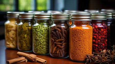 Spices and herbs in glass jars on wooden tableの素材