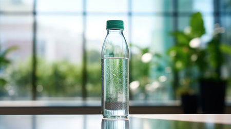 Plastic bottle with mineral water on table in officeの素材
